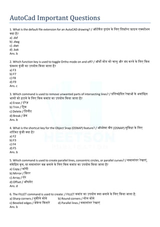 AutoCad MCQ Important Previous Years Exam Questions | PDF