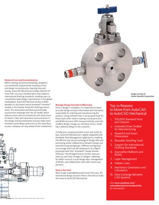 Reduce Errors and Inconsistencies
When creating mechanical drawings, designers
can sometimes inadvertently introduce errors
and design inconsistencies, wasting time and
money. AutoCAD Mechanical includes libraries of
more than 700,000 standard parts and supports                                                                                     Image courtesy of
international drafting standards, enabling users to                                                                               Parker Hannifin Corporation
consistently meet design requirements in the global
marketplace. AutoCAD Mechanical also enables
detailers to document native Autodesk® Inventor®
models in the familiar AutoCAD drafting environ-
                                                      Manage Design Data More Effectively
                                                      Once a design is complete, it is important to share
                                                                                                              Top 10 Reasons
ment. This associative workflow automatically         accurate design and part information with the teams     to Move from AutoCAD
synchronizes drawings with the 3D model, which
reduces errors and inconsistencies and saves hours
                                                      responsible for ordering and manufacturing the
                                                      product. Using software that is not purpose-built for
                                                                                                              to AutoCAD Mechanical
of rework. Clear and consistent communication in      these tasks often means creating crucial parts lists     1. 700,000 Standard Parts
the design and documentation process helps team       and BOMs by hand. With manual methods, even the
members avoid delays and errors on the shop floor,
                                                                                                                  and Features
                                                      smallest design change can introduce errors, result-
so your company can stay ahead of the competition.    ing in delivery delays to the customer.                  2. Extended Draw Toolbar
                                                                                                                  for Manufacturing
                                                      To help your company prevent errors and costly de-
                                                      lays, AutoCAD Mechanical is tightly integrated with
                                                                                                               3. Powerful and Smart
                                                      Autodesk Data Management applications, enabling             Dimensions
                                                      the efficient and secure exchange of design data and     4. Reusable Detailing Tools
                                                      promoting earlier collaboration between design and
                                                      manufacturing workgroups. Different workgroups           5. Support for International
                                                      can manage and track all components of a digital            Drafting Standards
                                                      prototype with free* Autodesk® Design Review             6. Associative Balloons and
                                                      software—the all-digital way to review, measure,            BOMs
                                                      mark up, and track changes to designs—allowing
                                                      for better reuse of crucial design data, management      7. Layer Management
                                                      of BOMs, and collaboration with other teams and
                                                      partners.
                                                                                                               8. Hidden Lines
                                                                                                               9. Machinery Generators and
                                                      Now Is the Time                                             Calculators
                                                      Want to get unparalleled productivity from your 2D
                                                      mechanical design process? Now is the time to make      10. Data Exchange Between
                                                      the move to AutoCAD Mechanical.                             CAD Systems
                                                                                                              Visit www.autodesk.com/
                                                                                                              autocadmechanical-productivity
                                                                                                              for more details.
 