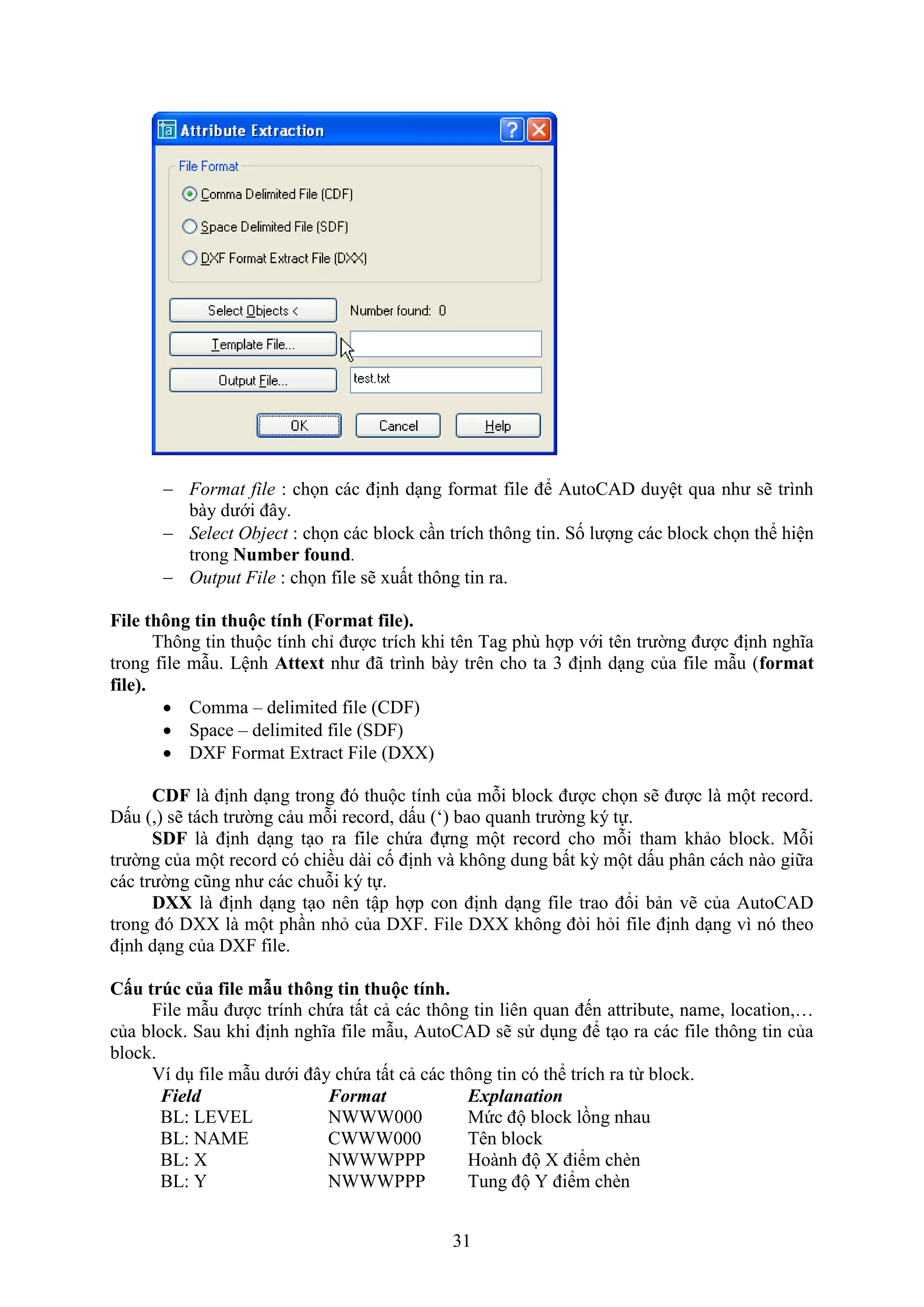 31
 Format file : chọn các định d ng ormat ile để AutoCAD duyệt qua như sẽ trình
bày dưới đây.
 Select Object : chọn các block c n trích thông tin. Số lượng các block chọn thể hiện
trong Number found.
 Output File : chọn ile sẽ uất thông tin ra.
File thông tin thuộc tính (Format file).
Thông tin thuộc tính chỉ được trích khi tên Tag phù hợp với tên trường được định nghĩa
trong ile m u. Lệnh Attext như đã trình bày trên cho ta 3 định d ng của ile m u (format
file).
 Comma – delimited file (CDF)
 Space – delimited file (SDF)
 DXF Format Extract File (DXX)
CDF là định d ng trong đó thuộc tính của mỗi block được chọn sẽ được là một record.
Dấu (,) sẽ tách trường cảu mỗi record, dấu (‘) bao quanh trường ký tự.
SDF là định d ng t o ra ile chứa đựng một record cho mỗi tham khảo block. Mỗi
trường của một record có chiều dài cố định và không dung bất kỳ một dấu phân cách nào giữa
các trường cũng như các chuỗi ký tự.
DXX là định d ng t o nên tập hợp con định d ng ile trao đổi bản vẽ của AutoCAD
trong đó D là một ph n nh của D . ile D không đ i h i ile định d ng vì nó theo
định d ng của D ile.
C u trúc của file mẫu thông tin thuộc tính.
ile m u được trính chứa tất cả các thông tin liên quan đến attribute, name, location,…
của block. Sau khi định nghĩa ile m u, AutoCAD sẽ sử d ng để t o ra các ile thông tin của
block.
í d ile m u dưới đây chứa tất cả các thông tin có thể trích ra từ block.
Field Format Explanation
BL: LEVEL NWWW000 Mức độ block lồng nhau
BL: NAME CWWW000 Tên block
BL: X NWWWPPP Hoành độ điểm ch n
BL: Y NWWWPPP Tung độ Y điểm ch n
 