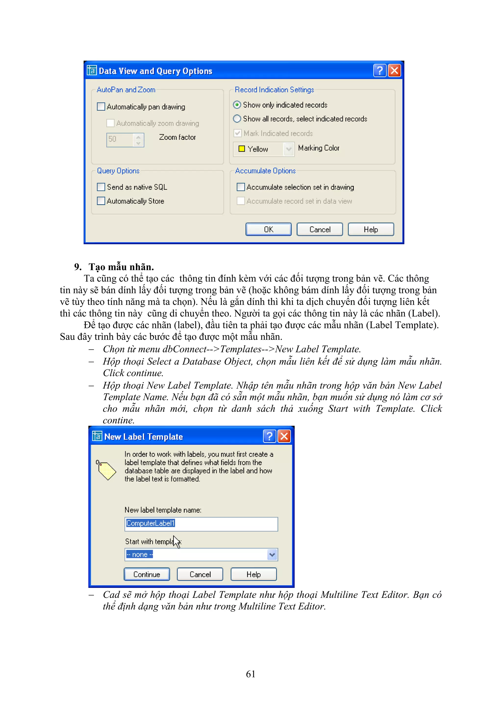 61
9. Tạo mẫu nh n.
Ta cũng có thể t o các thông tin đính k m với các đối tượng trong bản vẽ. Các thông
tin này sẽ bán dính lấy đối tượng trong bản vẽ (hoặc không bám dính lấy đối tượng trong bản
vẽ tùy theo tính n ng mà ta chọn). Nếu là g n dính thì khi ta dịch chuyển đối tượng liên kết
thì các thông tin này cũng di chuyển theo. Người ta gọi các thông tin này là các nhãn (Label).
Để t o được các nhãn (label), đ u tiên ta phải t o được các m u nhãn (Label Template).
Sau đây trình bày các bước để t o được một m u nhãn.
 Chọn từ menu dbConnect-->Templates-->New Label Template.
 Hộp thoại Select a Database Object, chọn mẫu liên kết để sử dụng làm mẫu nhãn.
Click continue.
 Hộp thoại New Label Template. Nhập tên mẫu nhãn trong hộp văn bản New Label
Template Name. Nếu bạn đã có sẵn một mẫu nhãn, bạn muốn sử dụng nó làm cơ sở
cho mẫu nhãn mới, chọn từ danh sách thả xuống Start with Template. Click
contine.
 Cad sẽ mở hộp thoại Label Template như hộp thoại Multiline Text Editor. Bạn có
thể định dạng văn bản như trong Multiline Text Editor.
 