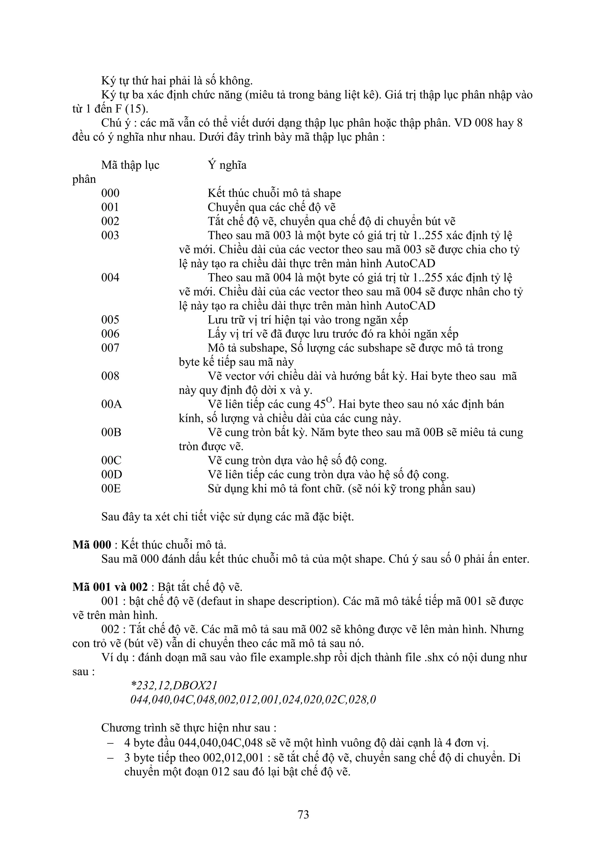 73
Ký tự thứ hai phải là số không.
Ký tự ba ác định chức n ng (miêu tả trong bảng liệt kê). Giá trị thập l c phân nhập vào
từ 1 đến (15).
Ch ý : các mã v n có thể viết dưới d ng thập l c phân hoặc thập phân. VD 008 hay 8
đều có ý nghĩa như nhau. Dưới đây trình bày mã thập l c phân :
Mã thập l c
phân
Ý nghĩa
000 Kết th c chuỗi mô tả shape
001 Chuyển qua các chế độ vẽ
002 T t chế độ vẽ, chuyển qua chế độ di chuyển b t vẽ
003 Theo sau mã 003 là một byte có giá trị từ 1..255 ác định tỷ lệ
vẽ mới. Chiều dài của các vector theo sau mã 003 sẽ được chia cho tỷ
lệ này t o ra chiều dài thực trên màn hình AutoCAD
004 Theo sau mã 004 là một byte có giá trị từ 1..255 ác định tỷ lệ
vẽ mới. Chiều dài của các vector theo sau mã 004 sẽ được nhân cho tỷ
lệ này t o ra chiều dài thực trên màn hình AutoCAD
005 Lưu trữ vị trí hiện t i vào trong ng n ếp
006 Lấy vị trí vẽ đã được lưu trước đó ra kh i ng n ếp
007 Mô tả subshape, Số lượng các subshape sẽ được mô tả trong
byte kế tiếp sau mã này
008 ẽ vector với chiều dài và hướng bất kỳ. Hai byte theo sau mã
này quy định độ dời và y.
00A ẽ liên tiếp các cung 45O
. Hai byte theo sau nó ác định bán
kính, số lượng và chiều dài của các cung này.
00B ẽ cung tr n bất kỳ. N m byte theo sau mã 00B sẽ miêu tả cung
tr n được vẽ.
00C ẽ cung tr n dựa vào hệ số độ cong.
00D ẽ liên tiếp các cung tr n dựa vào hệ số độ cong.
00E Sử d ng khi mô tả ont chữ. (sẽ nói kỹ trong ph n sau)
Sau đây ta ét chi tiết việc sử d ng các mã đặc biệt.
Mã 000 : Kết th c chuỗi mô tả.
Sau mã 000 đánh dấu kết th c chuỗi mô tả của một shape. Ch ý sau số 0 phải ấn enter.
Mã 001 và 002 : Bật t t chế độ vẽ.
001 : bật chế độ vẽ (de aut in shape description). Các mã mô tảkế tiếp mã 001 sẽ được
vẽ trên màn hình.
002 : T t chế độ vẽ. Các mã mô tả sau mã 002 sẽ không được vẽ lên màn hình. Nhưng
con tr vẽ (b t vẽ) v n di chuyển theo các mã mô tả sau nó.
í d : đánh do n mã sau vào ile e ample.shp rồi dịch thành ile .sh có nội dung như
sau :
*232,12,DBOX21
044,040,04C,048,002,012,001,024,020,02C,028,0
Chương trình sẽ thực hiện như sau :
 4 byte đ u 044,040,04C,048 sẽ vẽ một hình vuông độ dài c nh là 4 đơn vị.
 3 byte tiếp theo 002,012,001 : sẽ t t chế độ vẽ, chuyển sang chế độ di chuyển. Di
chuyển một đo n 012 sau đó l i bật chế độ vẽ.
 