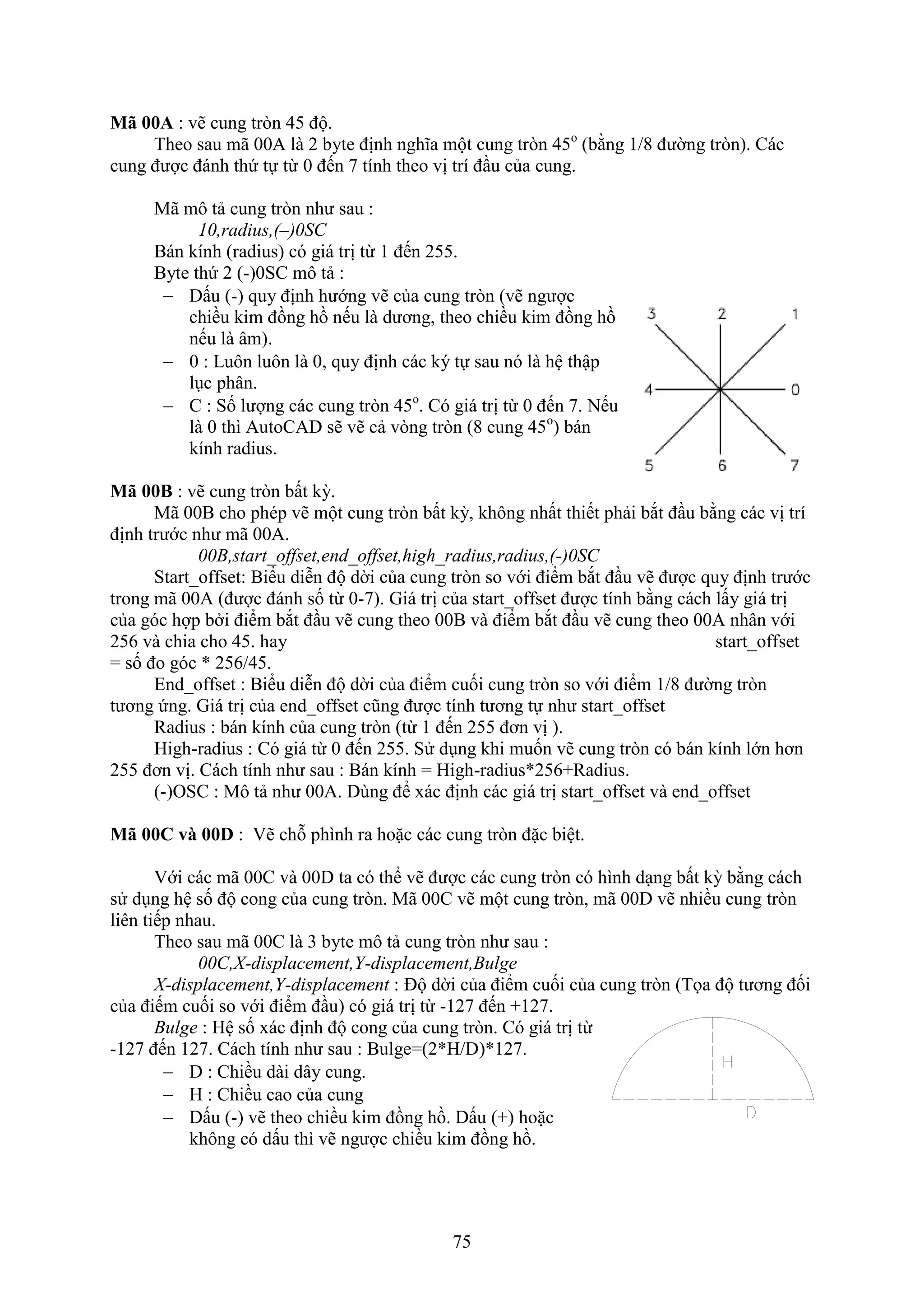 75
M A : vẽ cung tr n 45 độ.
Theo sau mã 00A là 2 byte định nghĩa một cung tr n 45o
(bằng 1/8 đường tr n). Các
cung được đánh thứ tự từ 0 đến 7 tính theo vị trí đ u của cung.
Mã mô tả cung tr n như sau :
10,radius,(–)0SC
Bán kính (radius) có giá trị từ 1 đến 255.
Byte thứ 2 (-)0SC mô tả :
 Dấu (-) quy định hướng vẽ của cung tr n (vẽ ngược
chiều kim đồng hồ nếu là dương, theo chiều kim đồng hồ
nếu là âm).
 0 : Luôn luôn là 0, quy định các ký tự sau nó là hệ thập
l c phân.
 C : Số lượng các cung tr n 45o
. Có giá trị từ 0 đến 7. Nếu
là 0 thì AutoCAD sẽ vẽ cả v ng tr n (8 cung 45o
) bán
kính radius.
M B : vẽ cung tr n bất kỳ.
Mã 00B cho phép vẽ một cung tr n bất kỳ, không nhất thiết phải b t đ u bằng các vị trí
định trước như mã 00A.
00B,start_offset,end_offset,high_radius,radius,(-)0SC
Start_o set: Biểu diễn độ dời của cung tr n so với điểm b t đ u vẽ được quy định trước
trong mã 00A (được đánh số từ 0-7). Giá trị của start_o set được tính bằng cách lấy giá trị
của góc hợp b i điểm b t đ u vẽ cung theo 00B và điểm b t đ u vẽ cung theo 00A nhân với
256 và chia cho 45. hay start_o set
= số đo góc * 256/45.
End_o set : Biểu diễn độ dời của điểm cuối cung tr n so với điểm 1/8 đường tr n
tương ứng. Giá trị của end_o set cũng được tính tương tự như start_o set
Radius : bán kính của cung tr n (từ 1 đến 255 đơn vị ).
High-radius : Có giá từ 0 đến 255. Sử d ng khi muốn vẽ cung tr n có bán kính lớn hơn
255 đơn vị. Cách tính như sau : Bán kính = High-radius*256+Radius.
(-)OSC : Mô tả như 00A. Dùng để ác định các giá trị start_o set và end_o set
M C và D : ẽ chỗ phình ra hoặc các cung tr n đặc biệt.
ới các mã 00C và 00D ta có thể vẽ được các cung tr n có hình d ng bất kỳ bằng cách
sử d ng hệ số độ cong của cung tr n. Mã 00C vẽ một cung tr n, mã 00D vẽ nhiều cung tr n
liên tiếp nhau.
Theo sau mã 00C là 3 byte mô tả cung tr n như sau :
00C,X-displacement,Y-displacement,Bulge
X-displacement,Y-displacement : Độ dời của điểm cuối của cung tr n (Tọa độ tương đối
của điếm cuối so với điểm đ u) có giá trị từ -127 đến +127.
Bulge : Hệ số ác định độ cong của cung tr n. Có giá trị từ
-127 đến 127. Cách tính như sau : Bulge=(2*H/D)*127.
 D : Chiều dài dây cung.
 H : Chiều cao của cung
 Dấu (-) vẽ theo chiều kim đồng hồ. Dấu (+) hoặc
không có dấu thì vẽ ngược chiều kim đồng hồ.
 