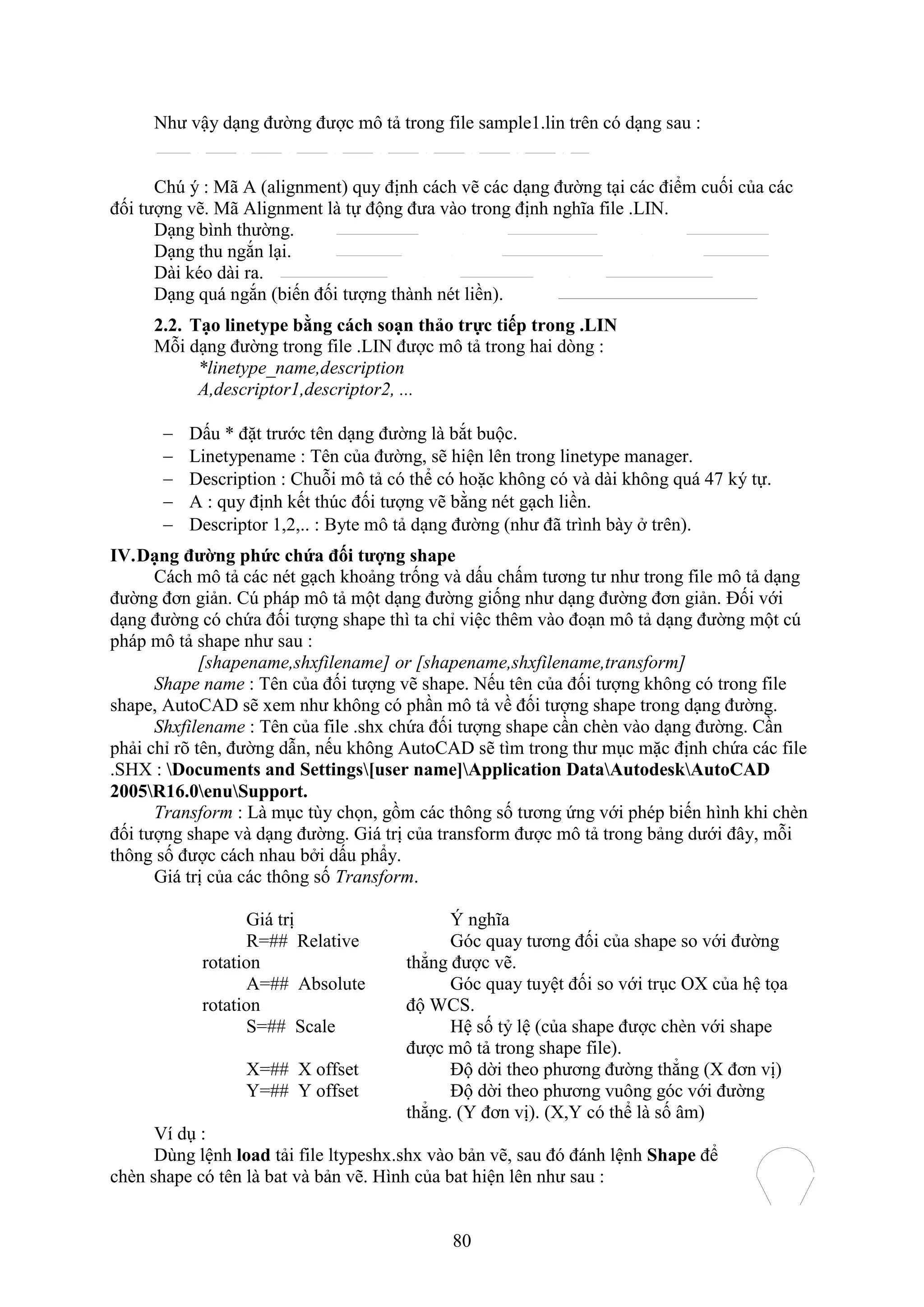 80
Như vậy d ng đường được mô tả trong ile sample1.lin trên có d ng sau :
Ch ý : Mã A (alignment) quy định cách vẽ các d ng đường t i các điểm cuối của các
đối tượng vẽ. Mã Alignment là tự động đưa vào trong định nghĩa ile .LIN.
D ng bình thường.
D ng thu ng n l i.
Dài kéo dài ra.
D ng quá ng n (biến đối tượng thành nét liền).
2.2. Tạo linetype b ng cách soạn thảo trực tiếp trong .LIN
Mỗi d ng đường trong ile .LIN được mô tả trong hai dòng :
*linetype_name,description
A,descriptor1,descriptor2, ...
 Dấu * đặt trước tên d ng đường là b t buộc.
 Linetypename : Tên của đường, sẽ hiện lên trong linetype manager.
 Description : Chuỗi mô tả có thể có hoặc không có và dài không quá 47 ký tự.
 A : quy định kết th c đối tượng vẽ bằng nét g ch liền.
 Descriptor 1,2,.. : Byte mô tả d ng đường (như đã trình bày trên).
IV.Dạng đường phức chứa đối tượng shape
Cách mô tả các nét g ch khoảng trống và dấu chấm tương tư như trong ile mô tả d ng
đường đơn giản. C pháp mô tả một d ng đường giống như d ng đường đơn giản. Đối với
d ng đường có chứa đối tượng shape thì ta chỉ việc thêm vào đo n mô tả d ng đường một c
pháp mô tả shape như sau :
[shapename,shxfilename] or [shapename,shxfilename,transform]
Shape name : Tên của đối tượng vẽ shape. Nếu tên của đối tượng không có trong ile
shape, AutoCAD sẽ em như không có ph n mô tả về đối tượng shape trong d ng đường.
Shxfilename : Tên của ile .sh chứa đối tượng shape c n ch n vào d ng đường. C n
phải chỉ rõ tên, đường d n, nếu không AutoCAD sẽ tìm trong thư m c mặc định chứa các ile
.SHX : Documents and Settings[user name]Application DataAutodeskAutoCAD
2005R16.0enuSupport.
Transform : Là m c tùy chọn, gồm các thông số tương ứng với phép biến hình khi chèn
đối tượng shape và d ng đường. Giá trị của trans orm được mô tả trong bảng dưới đây, mỗi
thông số được cách nhau b i dấu phẩy.
Giá trị của các thông số Transform.
Giá trị Ý nghĩa
R=## Relative
rotation
Góc quay tương đối của shape so với đường
thẳng được vẽ.
A=## Absolute
rotation
Góc quay tuyệt đối so với tr c O của hệ tọa
độ WCS.
S=## Scale Hệ số tỷ lệ (của shape được ch n với shape
được mô tả trong shape ile).
X=## X offset Độ dời theo phương đường thẳng ( đơn vị)
Y=## Y offset Độ dời theo phương vuông góc với đường
thẳng. (Y đơn vị). ( ,Y có thể là số âm)
í d :
Dùng lệnh load tải ile ltypesh .sh vào bản vẽ, sau đó đánh lệnh Shape để
ch n shape có tên là bat và bản vẽ. Hình của bat hiện lên như sau :
 