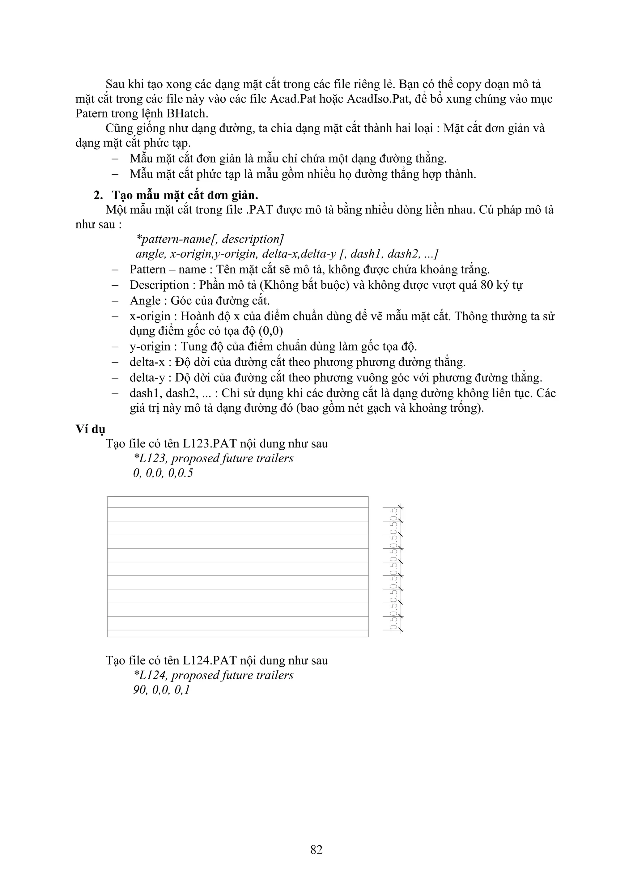 82
Sau khi t o ong các d ng mặt c t trong các ile riêng lẻ. B n có thể copy đo n mô tả
mặt c t trong các ile này vào các ile Acad.Pat hoặc AcadIso.Pat, để bổ ung ch ng vào m c
Patern trong lệnh BHatch.
Cũng giống như d ng đường, ta chia d ng mặt c t thành hai lo i : Mặt c t đơn giản và
d ng mặt c t phức t p.
 M u mặt c t đơn giản là m u chỉ chứa một d ng đường thẳng.
 M u mặt c t phức t p là m u gồm nhiều họ đường thẳng hợp thành.
2. Tạo mẫu mặt cắt đơn giản.
Một m u mặt c t trong ile .PAT được mô tả bằng nhiều d ng liền nhau. C pháp mô tả
như sau :
*pattern-name[, description]
angle, x-origin,y-origin, delta-x,delta-y [, dash1, dash2, ...]
 Pattern – name : Tên mặt c t sẽ mô tả, không được chứa khoảng tr ng.
 Description : Ph n mô tả (Không b t buộc) và không được vượt quá 80 ký tự
 Angle : Góc của đường c t.
 -origin : Hoành độ của điểm chuẩn dùng để vẽ m u mặt c t. Thông thường ta sử
d ng điểm gốc có tọa độ (0,0)
 y-origin : Tung độ của điểm chuẩn dùng làm gốc tọa độ.
 delta- : Độ dời của đường c t theo phương phương đường thẳng.
 delta-y : Độ dời của đường c t theo phương vuông góc với phương đường thẳng.
 dash1, dash2, ... : Chỉ sử d ng khi các đường c t là d ng đường không liên t c. Các
giá trị này mô tả d ng đường đó (bao gồm nét g ch và khoảng trống).
Ví dụ
T o ile có tên L123.PAT nội dung như sau
*L123, proposed future trailers
0, 0,0, 0,0.5
T o ile có tên L124.PAT nội dung như sau
*L124, proposed future trailers
90, 0,0, 0,1
 