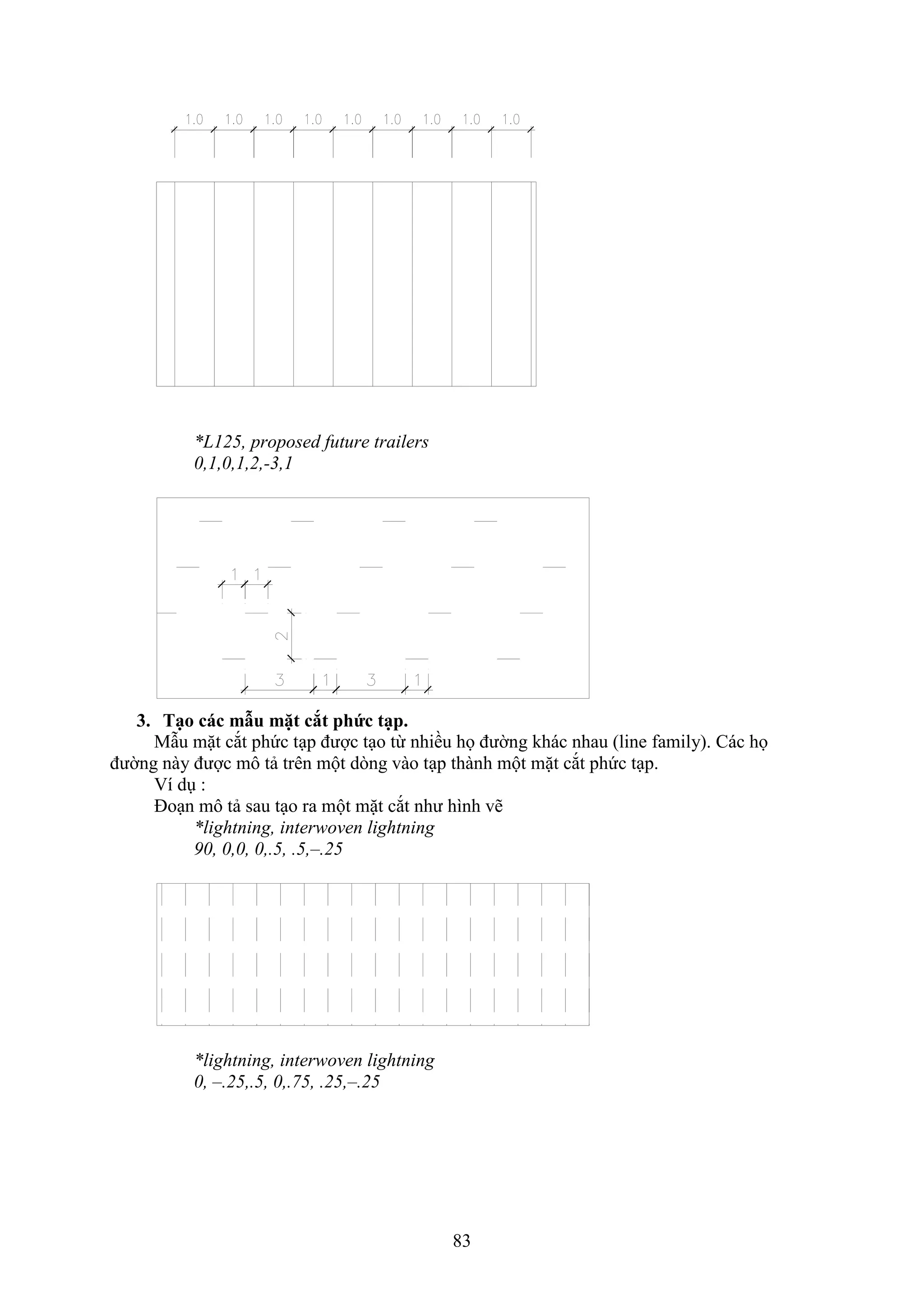 83
*L125, proposed future trailers
0,1,0,1,2,-3,1
3. Tạo các mẫu mặt cắt phức tạp.
M u mặt c t phức t p được t o từ nhiều họ đường khác nhau (line amily). Các họ
đường này được mô tả trên một d ng vào t p thành một mặt c t phức t p.
í d :
Đo n mô tả sau t o ra một mặt c t như hình vẽ
*lightning, interwoven lightning
90, 0,0, 0,.5, .5,–.25
*lightning, interwoven lightning
0, –.25,.5, 0,.75, .25,–.25
 