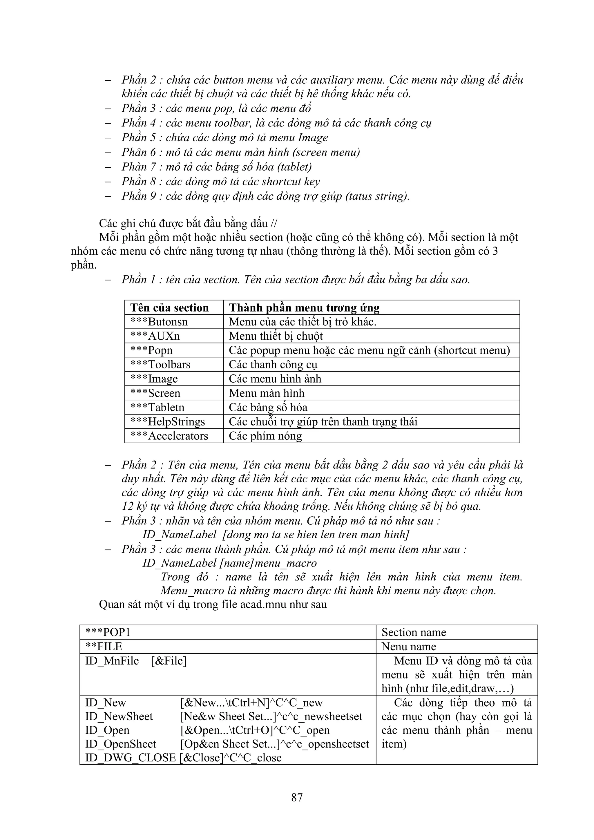 87
 Phần 2 : chứa các button menu và các auxiliary menu. Các menu này dùng để điều
khiển các thiết bị chuột và các thiết bị hê thống khác nếu có.
 Phần 3 : các menu pop, là các menu đổ
 Phần 4 : các menu toolbar, là các dòng mô tả các thanh công cụ
 Phần 5 : chứa các dòng mô tả menu Image
 Phân 6 : mô tả các menu màn hình (screen menu)
 Phàn 7 : mô tả các bảng số hóa (tablet)
 Phần 8 : các dòng mô tả các shortcut key
 Phần 9 : các dòng quy định các dòng trợ giúp (tatus string).
Các ghi ch được b t đ u bằng dấu //
Mỗi ph n gồm một hoặc nhiều section (hoặc cũng có thể không có). Mỗi section là một
nhóm các menu có chức n ng tương tự nhau (thông thường là thế). Mỗi section gồm có 3
ph n.
 Phần 1 : tên của section. Tên của section được bắt đầu bằng ba dấu sao.
T n của section Thành phần menu tương ứng
***Butonsn Menu của các thiết bị tr khác.
***AUXn Menu thiết bị chuột
***Popn Các popup menu hoặc các menu ngữ cảnh (shortcut menu)
***Toolbars Các thanh công c
***Image Các menu hình ảnh
***Screen Menu màn hình
***Tabletn Các bảng số hóa
***HelpStrings Các chuỗi trợ gi p trên thanh tr ng thái
***Accelerators Các phím nóng
 Phần 2 : Tên của menu, Tên của menu bắt đầu bằng 2 dấu sao và yêu cầu phải là
duy nhất. Tên này dùng để liên kết các mục của các menu khác, các thanh công cụ,
các dòng trợ giúp và các menu hình ảnh. Tên của menu không được có nhiều hơn
12 ký tự và không được chứa khoảng trống. Nếu không chúng sẽ bị bỏ qua.
 Phần 3 : nhãn và tên của nhóm menu. Cú pháp mô tả nó như sau :
ID_NameLabel [dong mo ta se hien len tren man hinh]
 Phần 3 : các menu thành phần. Cú pháp mô tả một menu item như sau :
ID_NameLabel [name]menu_macro
Trong đó : name là tên sẽ xuất hiện lên màn hình của menu item.
Menu_macro là những macro được thi hành khi menu này được chọn.
Quan sát một ví d trong ile acad.mnu như sau
***POP1 Section name
**FILE Nenu name
ID_MnFile [&File] Menu ID và d ng mô tả của
menu sẽ uất hiện trên màn
hình (như ile,edit,dra ,…)
ID_New [&New...tCtrl+N]^C^C_new
ID_NewSheet [Ne&w Sheet Set...]^c^c_newsheetset
ID_Open [&Open...tCtrl+O]^C^C_open
ID_OpenSheet [Op&en Sheet Set...]^c^c_opensheetset
ID_DWG_CLOSE [&Close]^C^C_close
Các d ng tiếp theo mô tả
các m c chọn (hay c n gọi là
các menu thành ph n – menu
item)
 