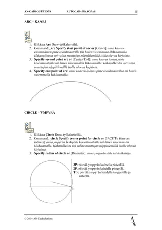 AN-CADSOLUTIONS               AUTOCAD-PIKAOPAS                                    15


ARC C KAARI




   1. Klikkaa Arc Draw-ty?kalurivilt?.
   2. Command:_arc Specify start point of arc or [Center]: anna kaaren
      ensimm?inen piste koordinaateilla tai hiiren vasemmalla klikkaamalla.
      Hakasulkeista voi valita muuttujan n?pp?ilem?ll? isolla olevaa kirjainta.
   3. Specify second point arc or [Center/End]: anna kaaren toinen piste
      koordinaateilla tai hiiren vasemmalla klikkaamalla. Hakasulkeista voi valita
      muuttujan n?pp?ilem?ll? isolla olevaa kirjainta.
   4. Specify end point of arc: anna kaaren kolmas piste koordinaateilla tai hiiren
      vasemmalla klikkaamalla.




CIRCLE C YMPYR?




   1. Klikkaa Circle Draw-ty?kalurivill?.
   2. Command:_circle Specify center point for circle or [3P/2P/Ttr (tan tan
      radius)]: anna ympyr?n keskipiste koordinaateilla tai hiiren vasemmalla
      klikkaamalla. Hakasulkeista voi valita muuttujan n?pp?ilem?ll? isolla olevaa
      kirjainta.
   3. Specify radius of circle or [Diameter]: anna ympyr?n s?de tai halkaisija.


                                   3P: piirt?? ympyr?n kolmella pisteell?.
                                   2P. piirt?? ympyr?n kahdella pisteell?.
                                   Ttr: piirt?? ympyr?n kahdella tangentilla ja
                                       s?teell?.




? 2004 AN-Cadsolutions
 