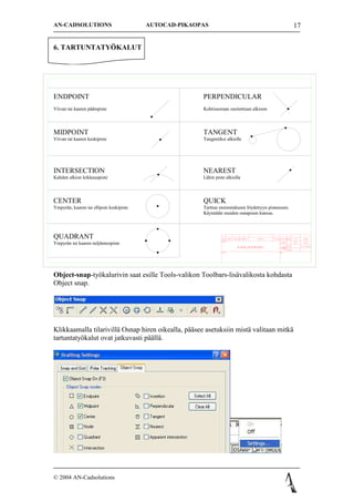 AN-CADSOLUTIONS                           AUTOCAD-PIKAOPAS                                                                 17


6. TARTUNTATY?KALUT




ENDPOINT                                                PERPENDICULAR
Viivan tai kaaren p??tepiste                            Kohtisuoraan osoitettuun alkioon




MIDPOINT                                                TANGENT
Viivan tai kaaren keskipiste                            Tangentiksi alkiolle




INTERSECTION                                            NEAREST
Kahden alkion leikkauspiste                             L?hin piste alkiolla




CENTER                                                  QUICK
Ympyr?n, kaaren tai ellipsin keskipiste                 Tarttuu ensimm?iseen l?ydettyyn pisteeseen.
                                                        K?ytet??n muiden osnapsien kanssa.




QUADRANT                                                          OSA AINE LAATU KOKO KPL   NIMIKE   PITUUS LEVEYSPAKS     V/m3      HUOM
                                                                 yritys
Ympyr?n tai kaaren nelj?nnespiste                                                                          SUHDE           PVM.       NIMI

                                                                               a?kalustekuvat                      PIIRT          antti nieminen

                                                                                                                   TARK
                                                                 tuote                                     nro




Object-snap-ty?kalurivin saat esille Tools-valikon Toolbars-lis?valikosta kohdasta
Object snap.




Klikkaamalla tilarivill? Osnap hiren oikealla, p??see asetuksiin mist? valitaan mitk?
tartuntaty?kalut ovat jatkuvasti p??ll?.




? 2004 AN-Cadsolutions
 