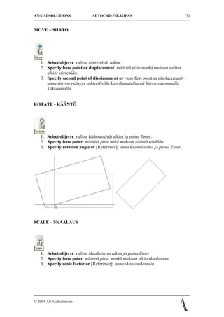 AN-CADSOLUTIONS               AUTOCAD-PIKAOPAS                                  21


MOVE C SIIRTO




   1. Select objects: valitse siirrett?v?t alkiot.
   2. Specify base point or displacement: m??rit? piste mink? mukaan valitut
      alkiot siirret??n.
   3. Specify second point of displacement or <use first point as displacement>:
      anna siirron et?isyys suhteellisilla koordinaateilla tai hiiren vasemmalla
      klikkaamalla.


ROTATE - K??NT?




   1. Select objects: valitse k??nnett?v?t alkiot ja paina Enter.
   2. Specify base point: m??rit? piste mik? mukaan k??nt? tehd??n.
   3. Specify rotation angle or [Reference]: anna k??nt?kulma ja paina Enter.




SCALE C SKAALAUS




   1. Select objects: valitse skaalattavat alkiot ja paina Enter.
   2. Specify base point: m??rit? piste, mink? mukaan alkio skaalataan.
   3. Specify scale factor or [Reference]: anna skaalauskerroin.




? 2004 AN-Cadsolutions
 