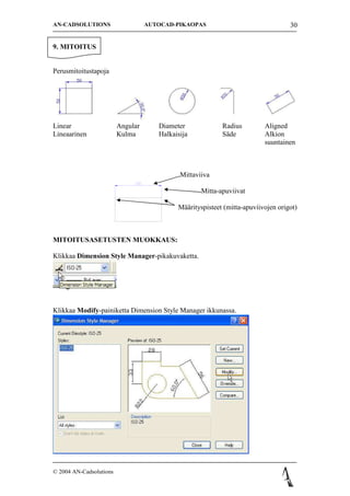 AN-CADSOLUTIONS                    AUTOCAD-PIKAOPAS                                30


9. MITOITUS


Perusmitoitustapoja




Linear                   Angular      Diameter             Radius         Aligned
Lineaarinen              Kulma        Halkaisija           S?de           Alkion
                                                                          suuntainen



                                             Mittaviiva

                                                    Mitta-apuviivat

                                            M??rityspisteet (mitta-apuviivojen origot)



MITOITUSASETUSTEN MUOKKAUS:

Klikkaa Dimension Style Manager-pikakuvaketta.




Klikkaa Modify-painiketta Dimension Style Manager ikkunassa.




? 2004 AN-Cadsolutions
 