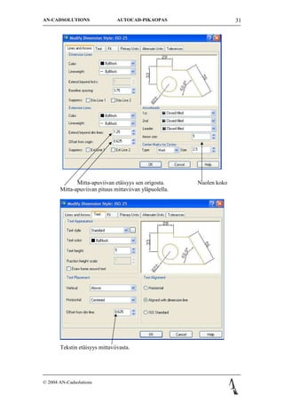 AN-CADSOLUTIONS                 AUTOCAD-PIKAOPAS                       31




              Mitta-apuviivan et?isyys sen origosta.     Nuolen koko
       Mitta-apuviivan pituus mittaviivan yl?puolella.




       Tekstin et?isyys mittaviivasta.




? 2004 AN-Cadsolutions
 
