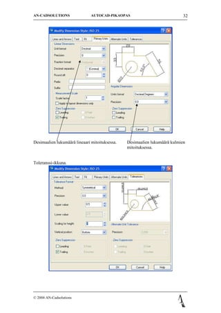 AN-CADSOLUTIONS                AUTOCAD-PIKAOPAS                             32




Desimaalien lukum??r? lineaari mitoituksessa.   Desimaalien lukum??r? kulmien
                                                mitoituksessa.


Toleranssi-ikkuna.




? 2004 AN-Cadsolutions
 