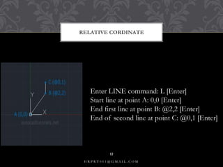 RELATIVE CORDINATE
Enter LINE command: L [Enter]
Start line at point A: 0,0 [Enter]
End first line at point B: @2,2 [Enter]
End of second line at point C: @0,1 [Enter]
H R P R T 0 0 1 @ G M A I L . C O M
12
 
