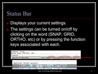 Status Bar
■ Displays your current settings.
■ The settings can be turned on/off by
clicking on the word (SNAP, GRID,
ORTHO, etc) or by pressing the function
keys associated with each.
Dept. of Civil Engg.,SNGCE Kolenchery 11
 