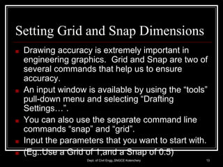 Setting Grid and Snap Dimensions
Dept. of Civil Engg.,SNGCE Kolenchery 13
■ Drawing accuracy is extremely important in
engineering graphics. Grid and Snap are two of
several commands that help us to ensure
accuracy.
■ An input window is available by using the “tools”
pull-down menu and selecting “Drafting
Settings…”.
■ You can also use the separate command line
commands “snap” and “grid”.
■ Input the parameters that you want to start with.
■ (Eg.:Use a Grid of 1,and a Snap of 0.5)
 