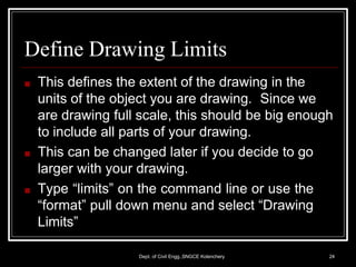 Define Drawing Limits
Dept. of Civil Engg.,SNGCE Kolenchery 24
■ This defines the extent of the drawing in the
units of the object you are drawing. Since we
are drawing full scale, this should be big enough
to include all parts of your drawing.
■ This can be changed later if you decide to go
larger with your drawing.
■ Type “limits” on the command line or use the
“format” pull down menu and select “Drawing
Limits”
 