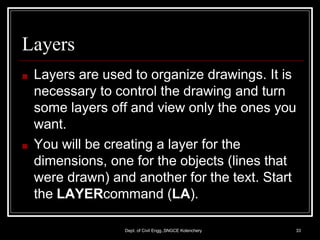 Layers
Dept. of Civil Engg.,SNGCE Kolenchery 33
■ Layers are used to organize drawings. It is
necessary to control the drawing and turn
some layers off and view only the ones you
want.
■ You will be creating a layer for the
dimensions, one for the objects (lines that
were drawn) and another for the text. Start
the LAYERcommand (LA).
 