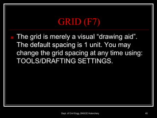 GRID (F7)
Dept. of Civil Engg.,SNGCE Kolenchery 45
■ The grid is merely a visual “drawing aid”.
The default spacing is 1 unit. You may
change the grid spacing at any time using:
TOOLS/DRAFTING SETTINGS.
 