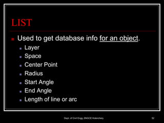 LIST
Dept. of Civil Engg.,SNGCE Kolenchery 52
■ Used to get database info for an object.
■ Layer
■ Space
■ Center Point
■ Radius
■ Start Angle
■ End Angle
■ Length of line or arc
 