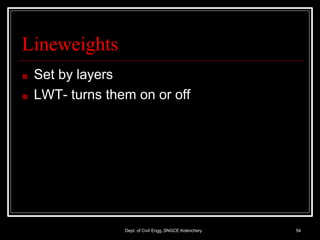 Lineweights
Dept. of Civil Engg.,SNGCE Kolenchery 54
■ Set by layers
■ LWT- turns them on or off
 