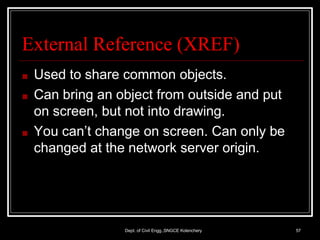 External Reference (XREF)
Dept. of Civil Engg.,SNGCE Kolenchery 57
■ Used to share common objects.
■ Can bring an object from outside and put
on screen, but not into drawing.
■ You can’t change on screen. Can only be
changed at the network server origin.
 
