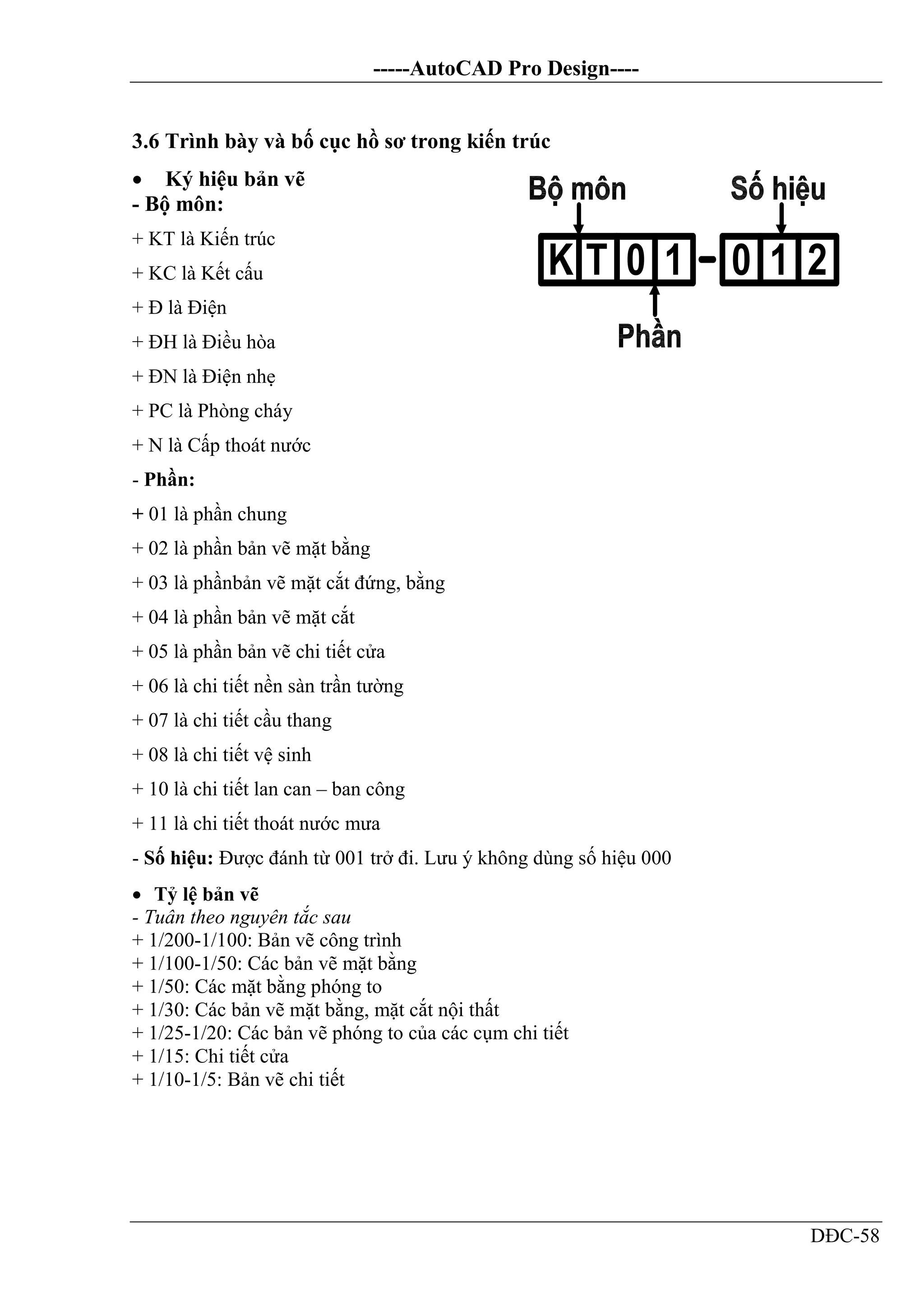 -----AutoCAD Pro Design----
DĐC-58
K T 0 1 1 20
3.6 Trình bày và bố cục hồ sơ trong kiến trúc
 Ký hiệu bản vẽ
- Bộ môn:
+ KT là Kiến trúc
+ KC là Kết cấu
+ Đ là Điện
+ ĐH là Điều hòa
+ ĐN là Điện nhẹ
+ PC là Phòng cháy
+ N là Cấp thoát nước
- Phần:
+ 01 là phần chung
+ 02 là phần bản vẽ mặt bằng
+ 03 là phầnbản vẽ mặt cắt đứng, bằng
+ 04 là phần bản vẽ mặt cắt
+ 05 là phần bản vẽ chi tiết cửa
+ 06 là chi tiết nền sàn trần tường
+ 07 là chi tiết cầu thang
+ 08 là chi tiết vệ sinh
+ 10 là chi tiết lan can – ban công
+ 11 là chi tiết thoát nước mưa
- Số hiệu: Được đánh từ 001 trở đi. Lưu ý không dùng số hiệu 000
 Tỷ lệ bản vẽ
- Tuân theo nguyên tắc sau
+ 1/200-1/100: Bản vẽ công trình
+ 1/100-1/50: Các bản vẽ mặt bằng
+ 1/50: Các mặt bằng phóng to
+ 1/30: Các bản vẽ mặt bằng, mặt cắt nội thất
+ 1/25-1/20: Các bản vẽ phóng to của các cụm chi tiết
+ 1/15: Chi tiết cửa
+ 1/10-1/5: Bản vẽ chi tiết
 
