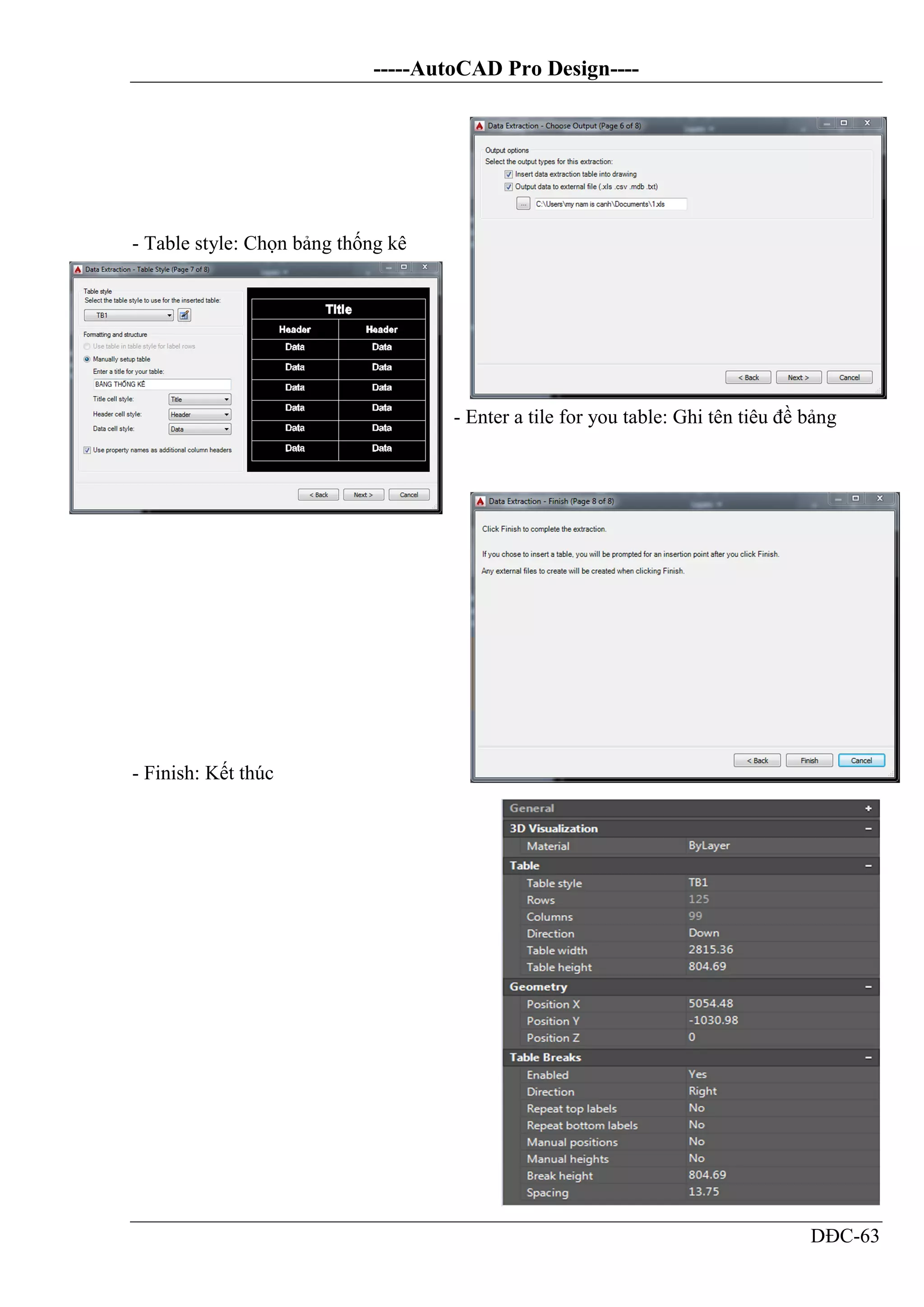 -----AutoCAD Pro Design----
DĐC-63
- Table style: Chọn bảng thống kê
- Enter a tile for you table: Ghi tên tiêu đề bảng
- Finish: Kết thúc
 