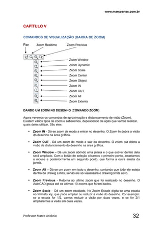 www.marcoartes.com.br
Professor Marco Antônio  32
CAPÍTULO V
COMANDOS DE VISUALIZAÇÃO (BARRA DE ZOOM)
Pan Zoom Realtime Zoom Previous
Zoom Window
Zoom Dynamic
Zoom Scale
Zoom Center
Zoom Object
Zoom IN
Zoom OUT
Zoom All
Zoom Extents
DANDO UM ZOOM NO DESENHO (COMANDO ZOOM)
Agora veremos os comandos de aproximação e distanciamento de visão (Zoom).
Existem vários tipos de zoom e saberemos, dependendo da ação que vamos realizar,
quais deles utilizar. São eles:
 Zoom IN - Dá-se zoom de modo a entrar no desenho. O Zoom In dobra a visão
do desenho na área gráfica.
 Zoom OUT - Dá um zoom de modo a sair do desenho. O zoom out dobra a
visão de distanciamento do desenho na área gráfica.
 Zoom Window – Dá um zoom abrindo uma janela e o que estiver dentro dela
será ampliado. Com o botão de seleção clicamos o primeiro ponto, arrastamos
o mouse e posteriormente um segundo ponto, que forma a outra aresta da
janela.
 Zoom All – Dá-se um zoom em todo o desenho, contando que todo ele esteja
dentro do Drawig Limits, senão ele só visualizará o drawing limits ativo.
 Zoom Previous - Retorna ao ultimo zoom que foi realizado no desenho. O
AutoCAD grava até os últimos 10 zooms que foram dados.
 Zoom Scale – Dá um zoom escalado. No Zoom Escale digita-se uma escala
no formato x/y, que pode ampliar ou reduzir a visão do desenho. Por exemplo:
se a escala for 1/2, vamos reduzir a visão por duas vezes, e se for 2/1
ampliaremos a visão em duas vezes.
 
