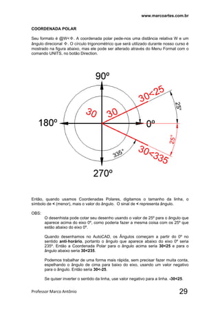 www.marcoartes.com.br
Professor Marco Antônio  29
COORDENADA POLAR
Seu formato é @W<Φ. A coordenada polar pede-nos uma distância relativa W e um
ângulo direcional Φ. O círculo trigonométrico que será utilizado durante nosso curso é
mostrado na figura abaixo, mas ele pode ser alterado através do Menu Format com o
comando UNITS, no botão Direction.
Então, quando usamos Coordenadas Polares, digitamos o tamanho da linha, o
símbolo de < (menor), mais o valor do ângulo. O sinal de < representa ângulo.
OBS:
O desenhista pode cotar seu desenho usando o valor de 25º para o ângulo que
aparece acima do eixo 0º, como poderia fazer a mesma coisa com os 25º que
estão abaixo do eixo 0º.
Quando desenhamos no AutoCAD, os Ângulos começam a partir do 0º no
sentido anti-horário, portanto o ângulo que aparece abaixo do eixo 0º seria
235º. Então a Coordenada Polar para o ângulo acima seria 30<25 e para o
ângulo abaixo seria 30<235.
Podemos trabalhar de uma forma mais rápida, sem precisar fazer muita conta,
espelhando o ângulo de cima para baixo do eixo, usando um valor negativo
para o ângulo. Então seria 30<-25.
Se quiser inverter o sentido da linha, use valor negativo para a linha. -30<25.
 