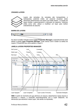 www.marcoartes.com.br
Professor Marco Antônio  42
CRIANDO LAYERS
Layers são camadas. As camadas são transparêntes e
sobrepostas, podendo então, ser possível visualizar todos
elementos desenhandos nos layers que estão abaixo. A criação de
layers facilita o gerenciamento e manuseio do desenho. Veremos
então como criar, utilizar e modificar um layer para melhor
entendimento do assunto.
BARRA DE LAYERS
Ao clicar no botão indicado acima (Layer Properties Manager), automaticamente será
aberta a janela Layer Properties Manager, onde vamos Criar e Editar os estilos de
Layers. O AutoCAD traz como padrão o Layer 0.
JANELA LAYERS PROPERTIES MANAGER
Set Current Lock Lineweight
Delet Layer Freeze Linetype
New layer On Color Plot
Layer Apagado Layer Congelado Layer Locado (Trancado) Impressão Desligada
OBS: A partir do momento em que abrimos um arquivo, desenhamos nesse arquivo e
salvamos o mesmo, o AutoCAD automaticamente cria o Layer Defpoints. Os
elementos que estiverem nesse Layer, não sairão na impressão.
 