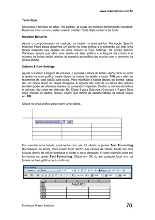 www.marcoartes.com.br
Professor Marco Antônio  70
Table Style
Seleciona o formato de table. Por padrão, já existe um formato denominado Standard.
Podemos criar um novo estilo usando o botão Table Style na barra de Style.
Insertion Behavior
Ajusta o comportamento de inserção da tabela na área gráfica. Na opção Specify
Insertion Point basta clicarmos um ponto na área gráfica e o comando vai criar uma
tabela baseada nas opções da área Column e Row Settings. Na opção Specify
Windows, temos que abrir uma janela na área gráfica e a largura da coluna e o
número de linhas serão criados de maneira automática de acordo com o tamanho da
janela aberta.
Column & Row Settings
Ajusta o número e largura de colunas, e número e altura de linhas. Após clicar ou abrir
a janela na área gráfica, basta digitar os dados da tabela e teclar TAB para alternar
facilmente de uma célula para outra. Para modificar a tabela depois de pronta, basta
dar um clique duplo na célula desejada. A largura das colunas ou altura das células
também pode ser alterada através do comando Properties. Porém, o número de linhas
e colunas não pode ser alterado. Ex: Digite 3 para Columns (Colunas) e 3 para Data
rows (fileiras de dados, linhas). Assim que definir as características da tabela clique
em OK.
Clique na área gráfica para inserir uma tabela.
Foi inserida uma tabela juntamente com ela foi aberta a janela Text Formatting
(formatação de texto). Para inserir texto dentro das células da tabela, basta dar dois
cliques dentro da célula desejada e digitar o texto desejado. O texto inserido pode ser
formatado na janela Text Formatting. Clique em OK ou em qualquer local fora da
tabela na área gráfica para confirmar.
 