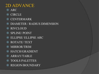 2D ADVANCE
 ARC
 CIRCLE
 CENTERMARK
 DIAMETER / RADIUS DIMENSION
 RIVCLOUD
 SPLINE/ POINT
 ELLIPSE/ ELLIPSE ARC
 ROTATE/ TEXT
 MIRROR/TRIM
 HATCH/GRADIENT
 ARRAY/TABLE
 TOOLS PALETTES
 REGION/BOUNDARY
 