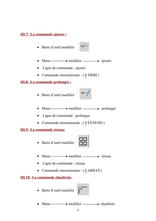 III.7/ La commande ajuster :
• Barre d’outil modifier
• Menu modifier ajuster
• Ligne de commande : ajuster
• Commande internationale : ( 8 TRIM )
III.8/ La commande prolonger :
• Barre d’outil modifier
• Menu modifier prolonger
• Ligne de commande : prolonger
• Commande internationale : ( 8 EXTEND )
III.9/ La commande réseau:
• Barre d’outil modifier
• Menu modifier réseau
• Ligne de commande : réseau
• Commande internationale : ( 8 ARRAY)
III.10/ La commande chanfrein:
• Barre d’outil modifier
• Menu modifier chanfrein
6
 