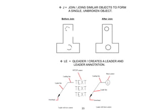  J = JOIN / JOINS SIMILAR OBJECTS TO FORM
A SINGLE, UNBROKEN OBJECT.
 LE = QLEADER / CREATES A LEADER AND
LEADER ANNOTATION.
23
 