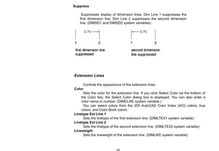Suppress
Suppresses display of dimension lines. Dim Line 1 suppresses the
first dimension line; Dim Line 2 suppresses the second dimension
line. (DIMSD1 and DIMSD2 system variables)
Extension Lines
Controls the appearance of the extension lines.
Color
Sets the color for the extension line. If you click Select Color (at the bottom of
the Color list), the Select Color dialog box is displayed. You can also enter a
color name or number. (DIMCLRE system variable.)
You can select colors from the 255 AutoCAD Color Index (ACI) colors, true
colors, and Color Book colors.
Linetype Ext Line 1
Sets the linetype of the first extension line. (DIMLTEX1 system variable)
Linetype Ext Line 2
Sets the linetype of the second extension line. (DIMLTEX2 system variable)
Lineweight
Sets the lineweight of the extension line. (DIMLWE system variable)
 