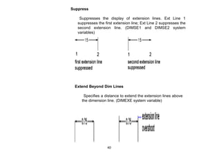 Suppress
Suppresses the display of extension lines. Ext Line 1
suppresses the first extension line; Ext Line 2 suppresses the
second extension line. (DIMSE1 and DIMSE2 system
variables)
Extend Beyond Dim Lines
Specifies a distance to extend the extension lines above
the dimension line. (DIMEXE system variable)
40
 