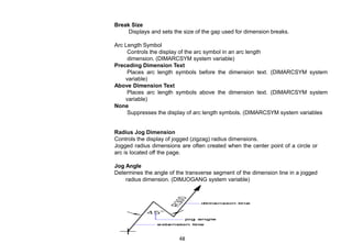 Break Size
Displays and sets the size of the gap used for dimension breaks.
Arc Length Symbol
Controls the display of the arc symbol in an arc length
dimension. (DIMARCSYM system variable)
Preceding Dimension Text
Places arc length symbols before the dimension text. (DIMARCSYM system
variable)
Above Dimension Text
Places arc length symbols above the dimension text. (DIMARCSYM system
variable)
None
Suppresses the display of arc length symbols. (DIMARCSYM system variables
Radius Jog Dimension
Controls the display of jogged (zigzag) radius dimensions.
Jogged radius dimensions are often created when the center point of a circle or
arc is located off the page.
Jog Angle
Determines the angle of the transverse segment of the dimension line in a jogged
radius dimension. (DIMJOGANG system variable)
48
 