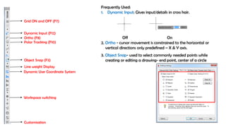 Grid ON and OFF (F7)
Dynamic Input (F12)
Ortho (F8)
Object Snap (F3)
Polar Tracking (F10)
Line weight Display
Dynamic User Coordinate System
Workspace switching
Customisation
Frequently Used:
1. Dynamic Input: Gives input/details in cross hair.
Off On
2. Ortho - cursor movement is constrained to the horizontal or
vertical directions only predefined – X & Y axis.
3. Object Snap- used to select commonly needed points while
creating or editing a drawing- end point, center of a circle
 