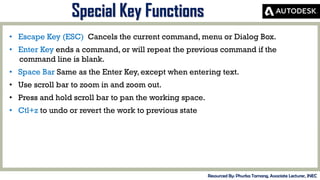 MID-TERM REVIEW, 2017
Special Key Functions
Resourced By: Phurba Tamang, Associate Lecturer, JNEC
• Escape Key (ESC) Cancels the current command, menu or Dialog Box.
• Enter Key ends a command, or will repeat the previous command if the
command line is blank.
• Space Bar Same as the Enter Key, except when entering text.
• Use scroll bar to zoom in and zoom out.
• Press and hold scroll bar to pan the working space.
• Ctl+z to undo or revert the work to previous state
 