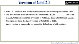 MID-TERM REVIEW, 2017
• AutoCAD software was firstly launched by Autodesk company in Dec. 1982.
• The first version of AutoCAD was R1 after that R2,R3,R4…………… and so on.
• In 2000,Autodesk launched a version of AutoCAD 2000 after that 2001,2002…
• This time, we have the latest version of AutoCAD is 2019.
• Latest version is easy and over come the difficulties of old version.
Versions of AutoCAD
Resourced By: Phurba Tamang, Associate Lecturer, JNEC
 