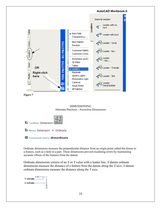 AutoCAD Workbook II
24
Figure 7
DIMENSIONING
Alternate Practices - Arrowless Dimensions
Ordinate dimensions measure the perpendicular distance from an origin point called the datum to
a feature, such as a hole in a part. These dimensions prevent escalating errors by maintaining
accurate offsets of the features from the datum.
Ordinate dimensions consist of an X or Y value with a leader line. X-datum ordinate
dimensions measure the distance of a feature from the datum along the X axis. Y-datum
ordinate dimensions measure the distance along the Y axis.
 