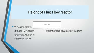 Height of Plug Flow reactor
• V=3.14d^2(length)
d=0.2m ,V=3.372m3 Height of plug flow reactor=26.976m
3.372=3.14*0.2^2*(l)
Height=26.976m
D=0.2m
 