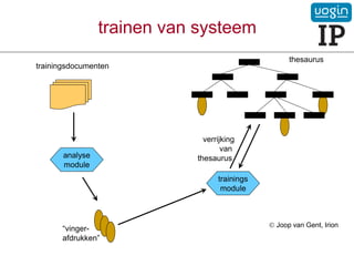 trainen van systeem
thesaurus
trainingsdocumenten
analyse
module
trainings
module
verrijking
van
thesaurus
“vinger-
afdrukken”
 Joop van Gent, Irion
 