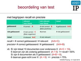 met begrippen recall en precisie
recall = # correct geklasseerd / # relevant (A/A+C)
precisie= # correct geklasseerd / # geklasseerd (A/A+B)
vb: Er zijn totaal 10 documenten over onderwerp X (A+C = 10),
6 daarvan zijn als zodanig geklasseerd (A = 6) >> recall = 60%
Er zijn 8 documenten als X geklasseerd (A+B = 8),
6 daarvan gaan echt over X (A = 6) >> precisie = 75%
beoordeling van test
VOGIN-IP-lezing - 21 maart 2019
relevant
voor klasse
niet relevant
voor klasse
totaal
geklasseerd # correct A # niet correct B
(false positives)
# geklasseerd A+B
niet geklasseerd # niet correct C
(false negatives)
#correct # niet geklasseerd
totaal # relevant A+C # niet relevant
 