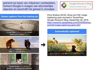 getraind op basis van miljoenen voorbeelden,
herkent Google in images ook afzonderlijke
objecten en beschrijft het geheel in zinnetjes
Chris Shallue (2016). Show and Tell: image
captioning open sourced in TensorFlow.
Google Research Blog, September 22, 2016.
https://research.googleblog.com/2016/09/show-
and-tell-image-captioning-open.html
 