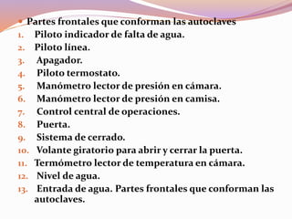  Partes frontales que conforman las autoclaves
1. Piloto indicador de falta de agua.
2. Piloto línea.
3. Apagador.
4. Piloto termostato.
5. Manómetro lector de presión en cámara.
6. Manómetro lector de presión en camisa.
7. Control central de operaciones.
8. Puerta.
9. Sistema de cerrado.
10. Volante giratorio para abrir y cerrar la puerta.
11. Termómetro lector de temperatura en cámara.
12. Nivel de agua.
13. Entrada de agua. Partes frontales que conforman las
autoclaves.
 