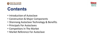 Contents
• Introduction of Autoclave
• Construction & Major Components
• Shennong Autoclave Technology & Benefits
• Principals For Autoclaves
• Competitors In The Market
• Market Reference For Autoclave
 