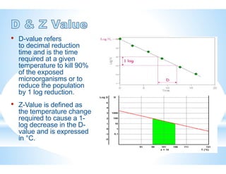 • D-value refers
to decimal reduction
time and is the time
required at a given
temperature to kill 90%
of the exposed
microorganisms or to
reduce the population
by 1 log reduction.
• Z-Value is defined as
the temperature change
required to cause a 1-
log decrease in the D-
value and is expressed
in °C.
 