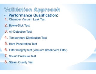 1. Chamber Vacuum Leak Test
2. Bowie-Dick Test
3. Air Detection Test
4. Temperature Distribution Test
5. Heat Penetration Test
6. Filter Integrity test (Vacuum Break/Vent Filter)
7. Sound Pressure Test
8. Steam Quality Test
• Performance Qualification:
 