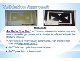 • Air Detection Test: ADT is used to determine whether any air or
non-condensable gas present in the chamber is sufficient to impair the
sterilizing process.
 ADT will detect Poor vacuum performance, High chamber leak
rates and High levels of NCG
 If ADT fails then cycle discontinued/aborted
 If ADT pass then cycle continued.
Unexposed Kit Exposed Kit
Bowie-Dick kit
 